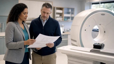 Healthcare administrators reviewing a medical equipment acquisition plan