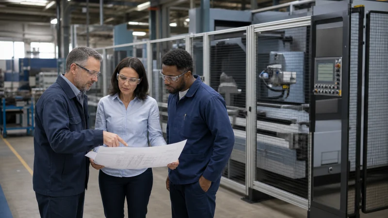 Plant leaders reviewing a manufacturing equipment project plan